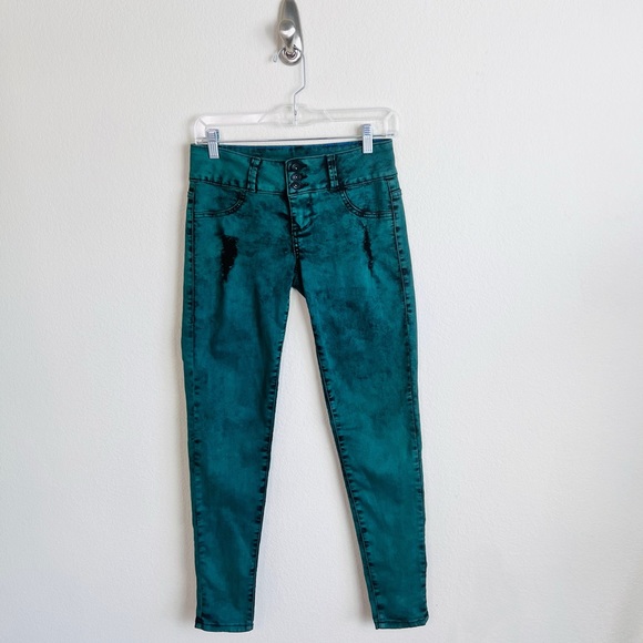 RARE Lovesick Green & Black Acid Wash 3-Button Distressed Skinny Jeans - Picture 1 of 8